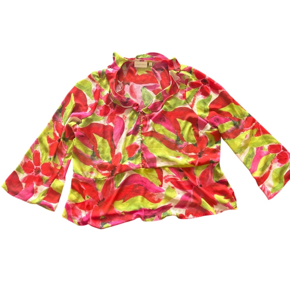 Sunny Leigh Womens Abstract Floral Chiffon Blouse Top Boho Artsy Maximalist 3X